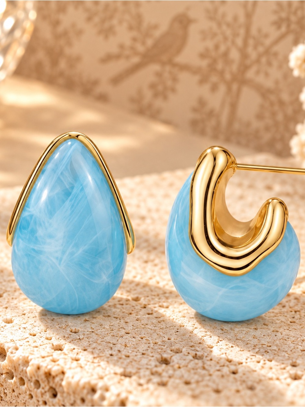 Sky Blue Teardrop Resin Stud Earrings – Gold Tone Minimalist Statement Earrings
